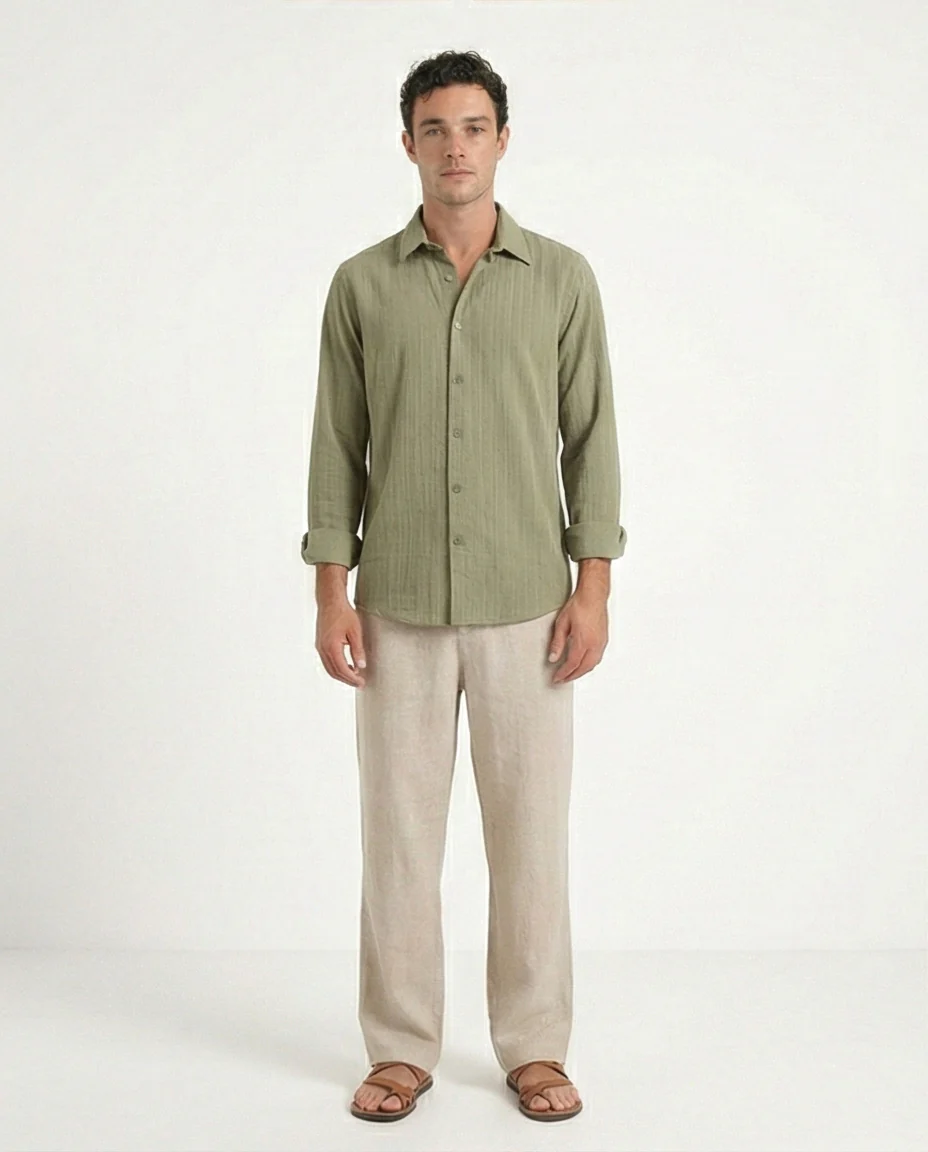 R209102 - Self Textured Long Sleeves Summer Shirt - Olive - Image 3