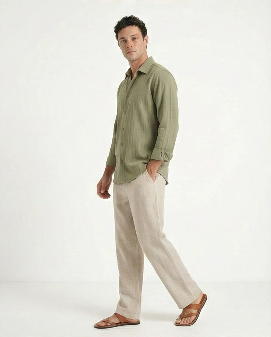 R209102 - Self Textured Long Sleeves Summer Shirt - Olive - Image 4