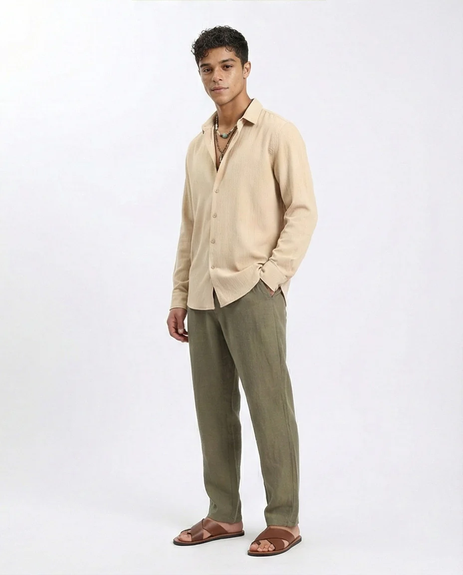R209104 - Buttons Down Textured Shirt - Sand - Image 4