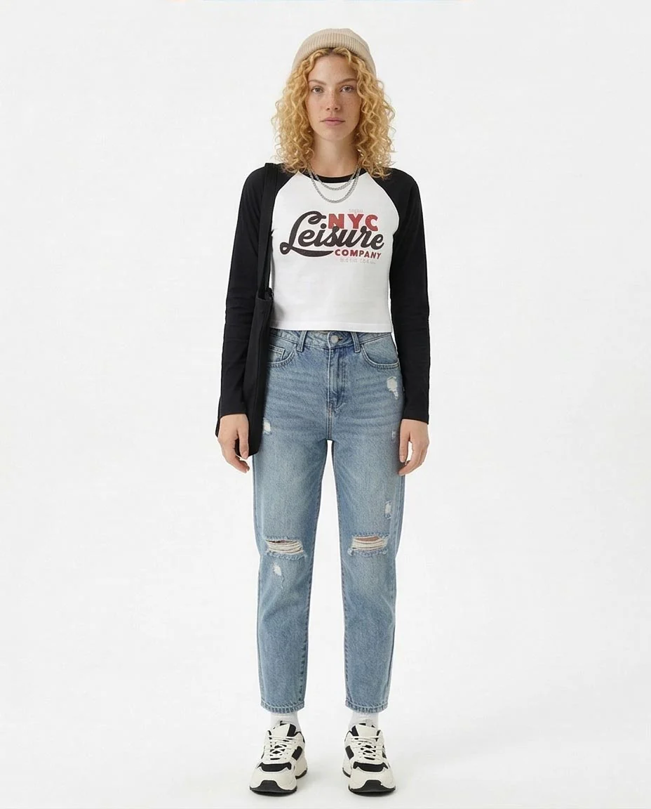 Product Title: Ravin Women's NYC Leisure Graphic Raglan Long Sleeve T-Shirt - Black/White - R209126 - Image 4