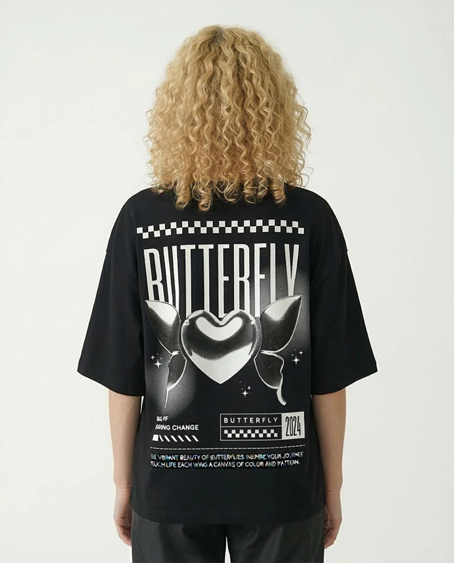 Ravin Butterfly Graphic Oversized Tee – "Beauty of Embracing Change" - Black - R209135 - Image 2