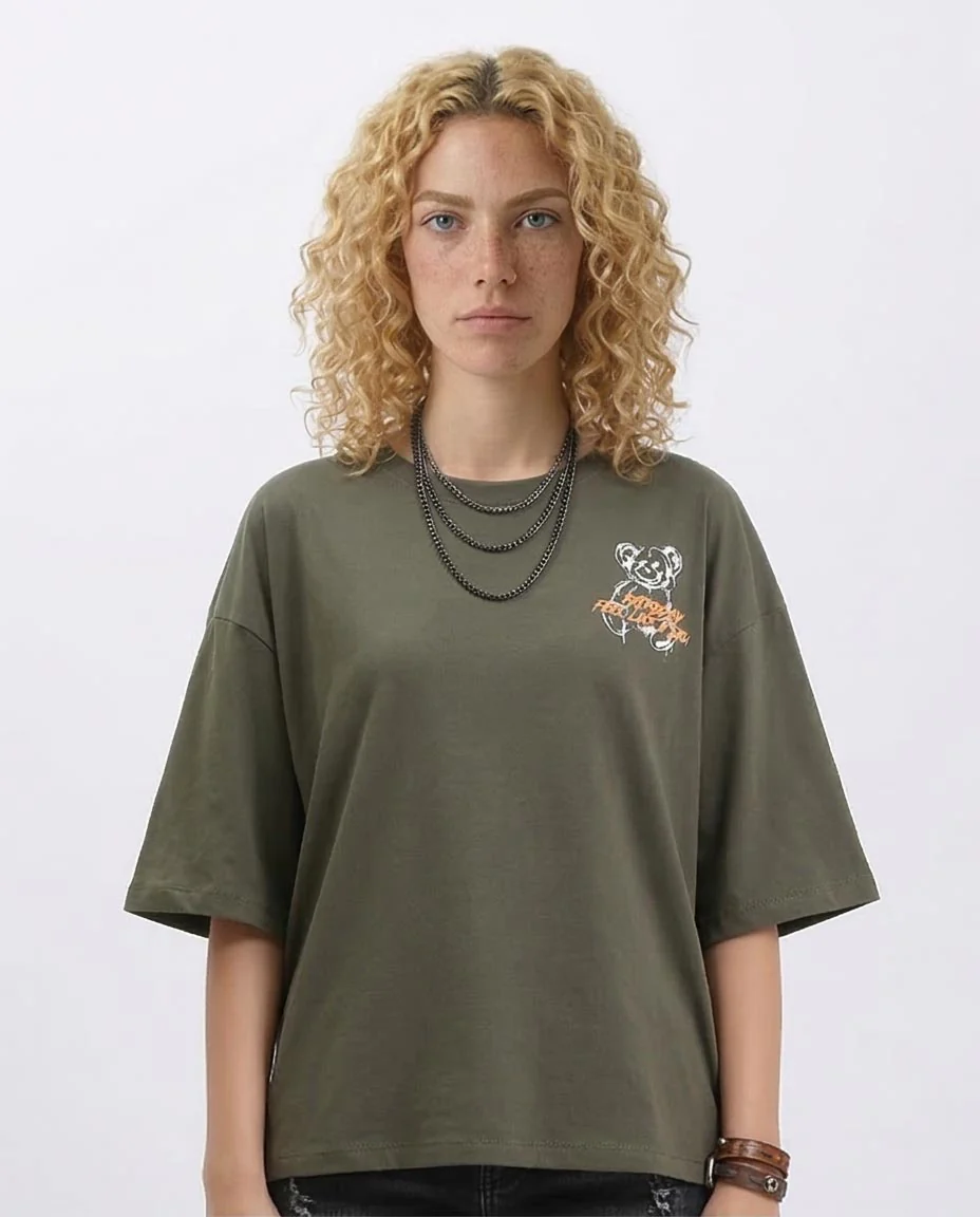 Ravin Women's Oversized Drop-Shoulder Graphic Tee – Olive Green - R209138