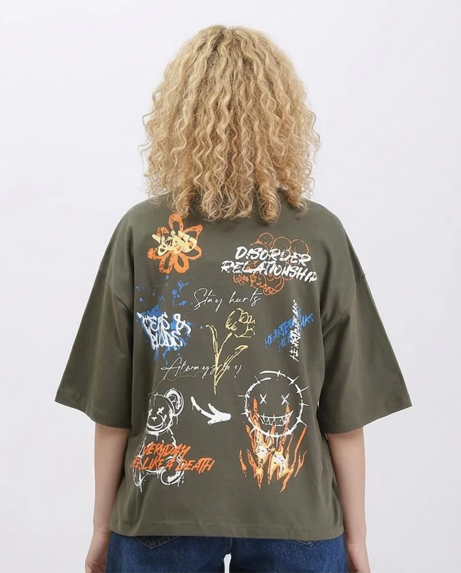 Ravin Women's Oversized Drop-Shoulder Graphic Tee – Olive Green - R209138 - Image 2