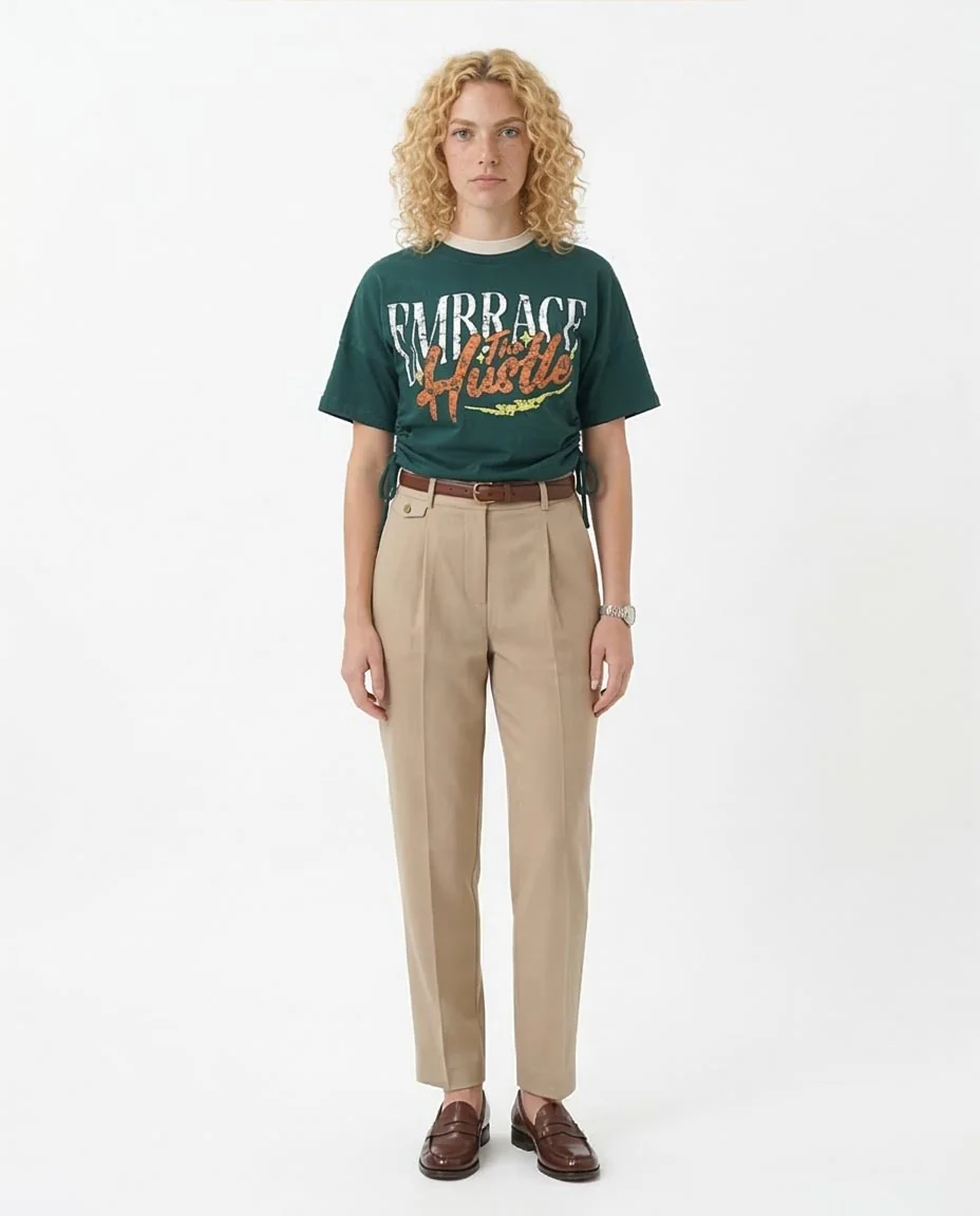 "Embrace The Hustle" Drawstring Side Graphic Tee – Forest Green - R209142 - Image 3