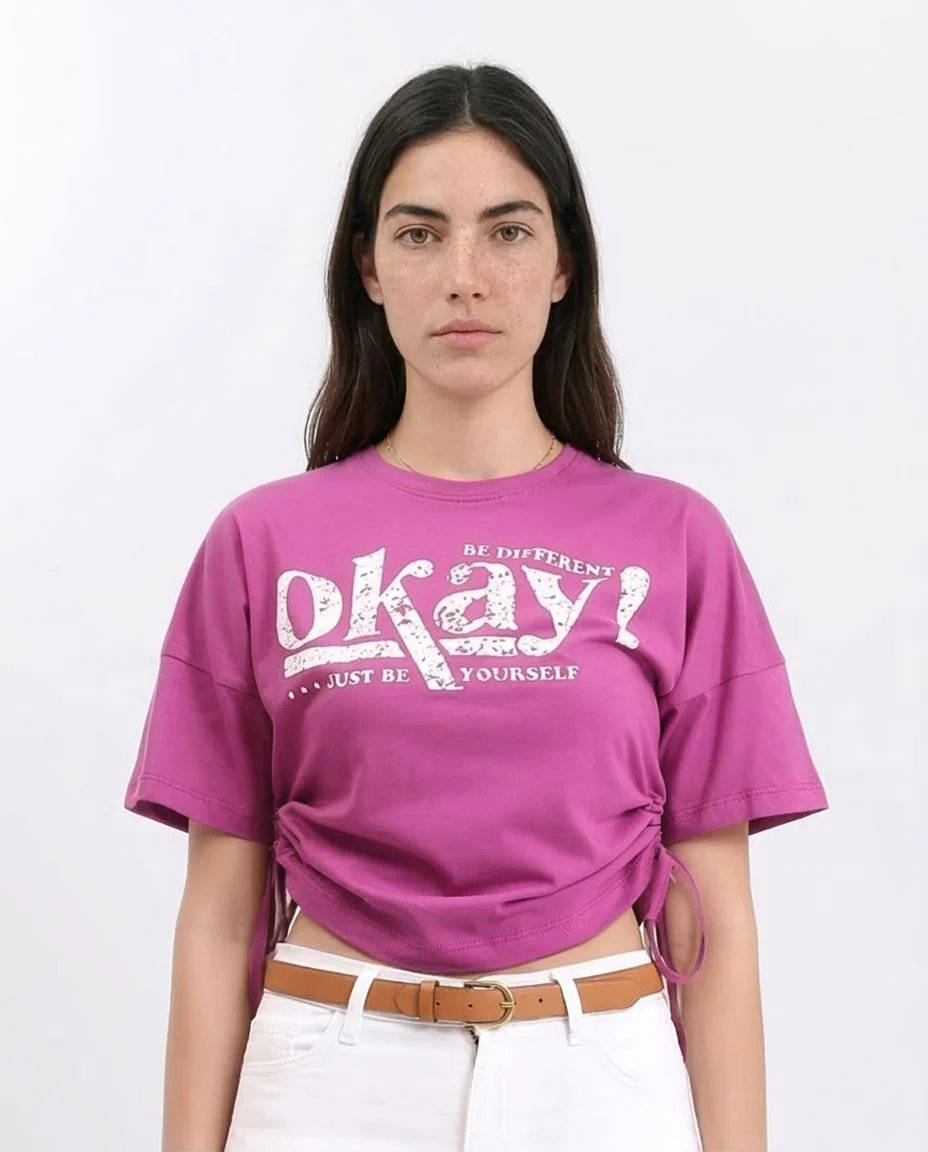 Ravin Women's "Be Yourself" Side-Cinch Graphic Tee - Magenta - R209143