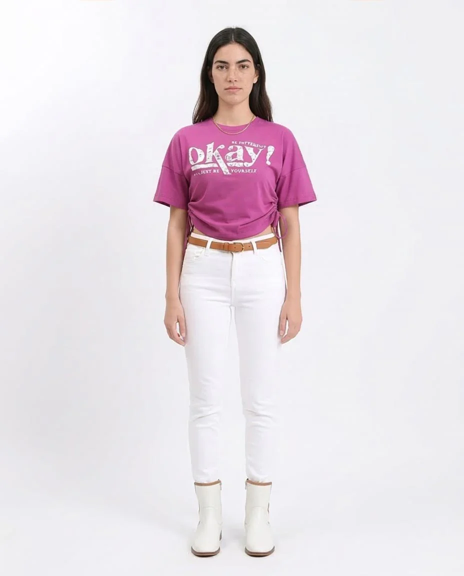 Ravin Women's "Be Yourself" Side-Cinch Graphic Tee - Magenta - R209143 - Image 3