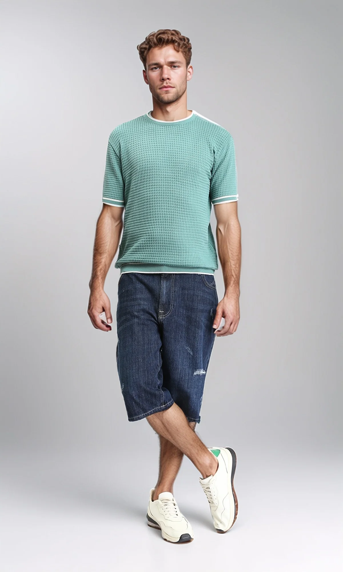 R209202 - Round Neck Self Pattern Comfy Tee - Dark Mint - Image 4