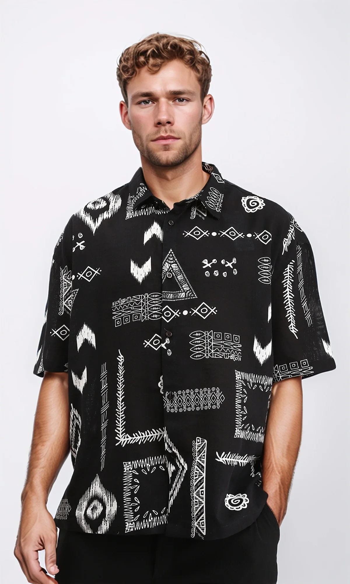 R209205 - Casual Ethnic Pattern Summer Shirt - Black