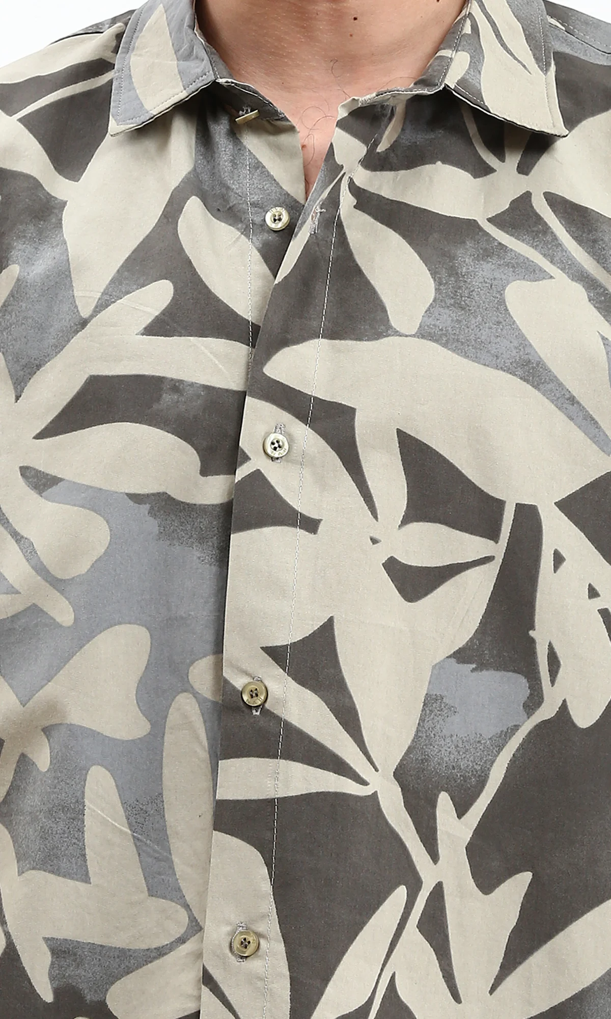 R209208 - Buttons Down Leaves Summer Shirt - Grey & Beige - Image 3