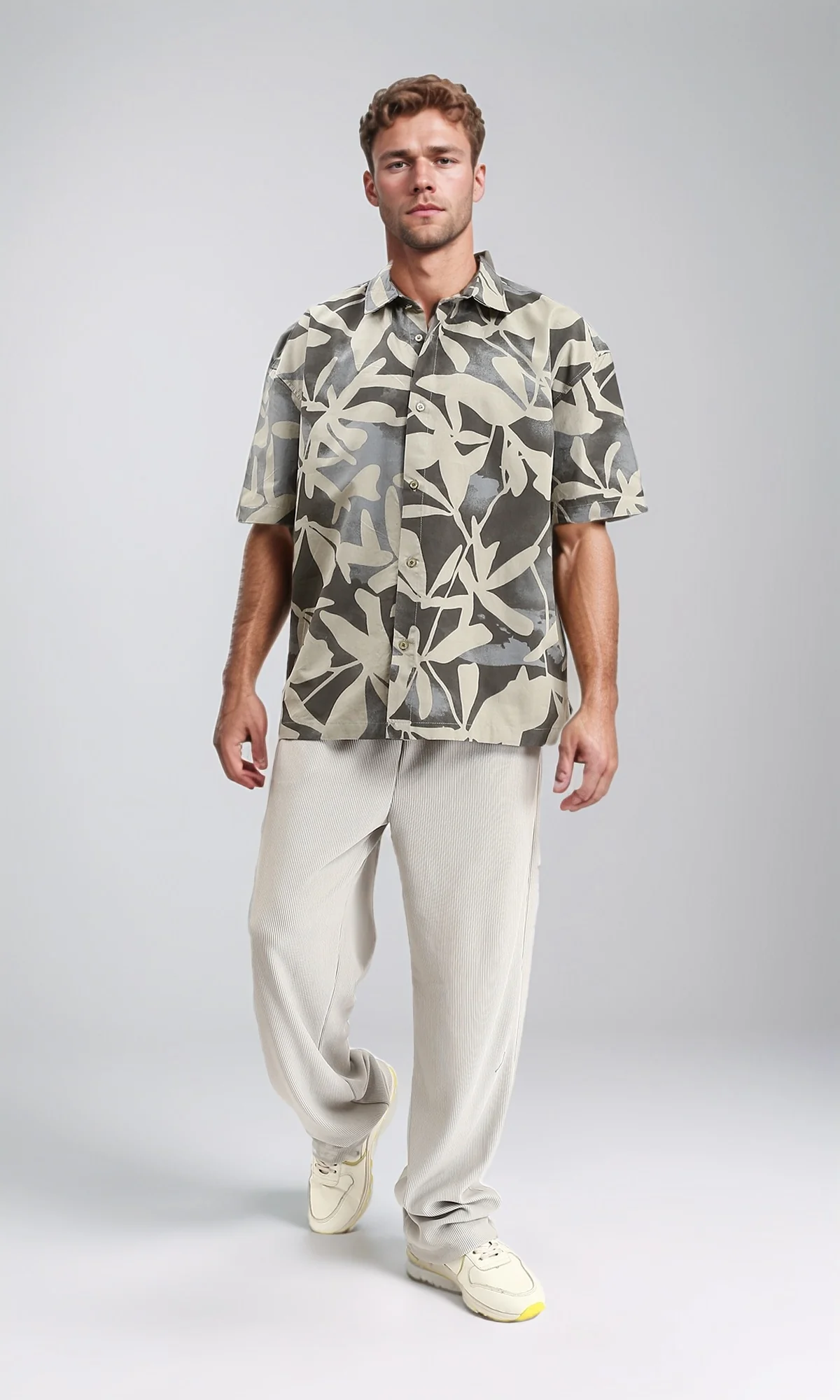 R209208 - Buttons Down Leaves Summer Shirt - Grey & Beige - Image 4