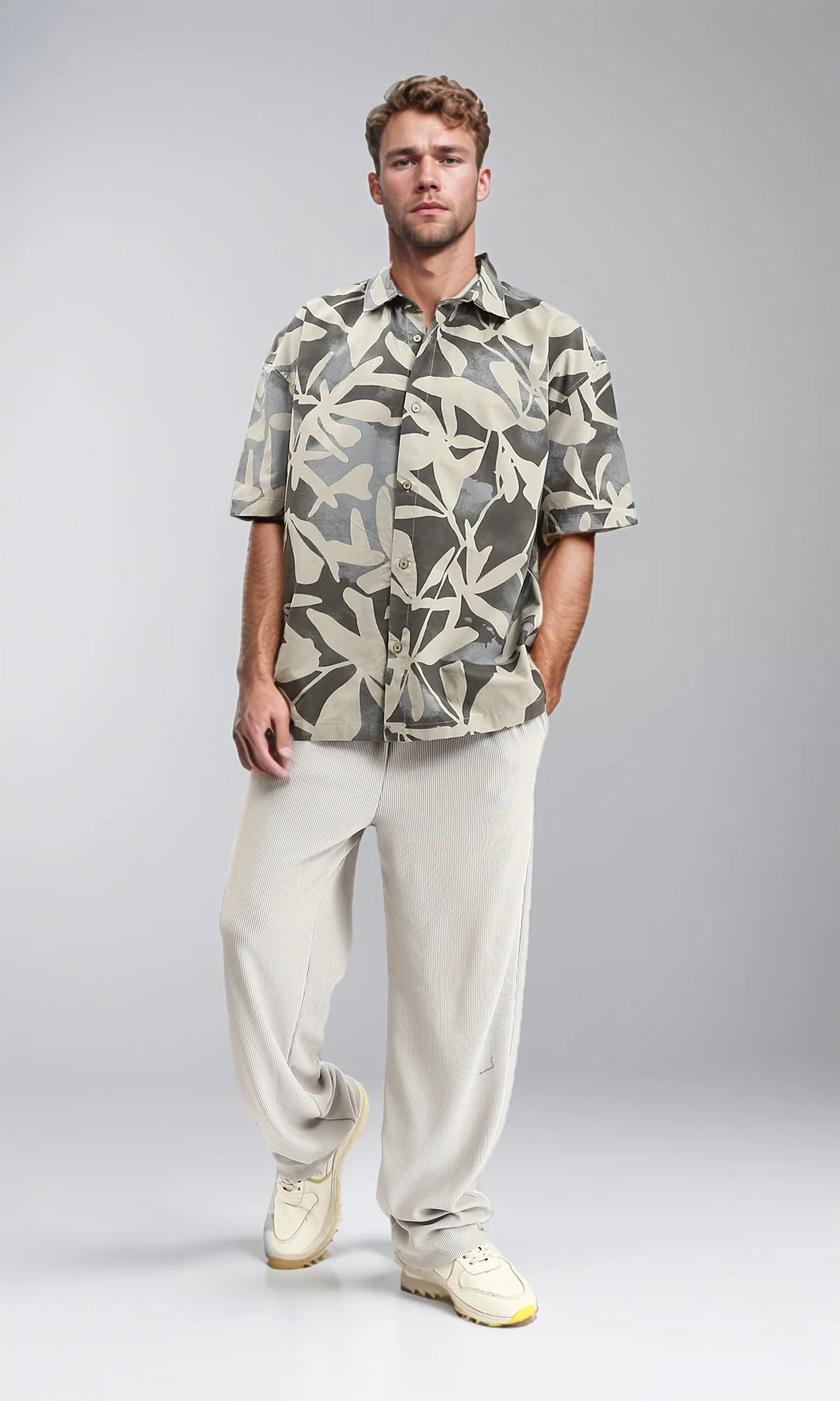 R209208 - Buttons Down Leaves Summer Shirt - Grey & Beige - Image 5