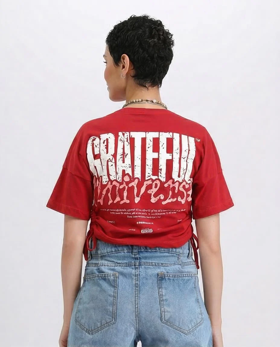 R209235 - Elbow Sleeves Tee with Side Drawstrings - Red - Image 2