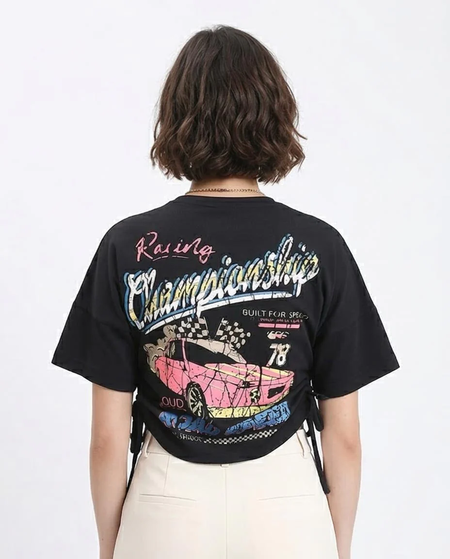Ravin Women’s Racing Graphic Side-Tie Cropped T-Shirt - Black - R209237 - Image 2