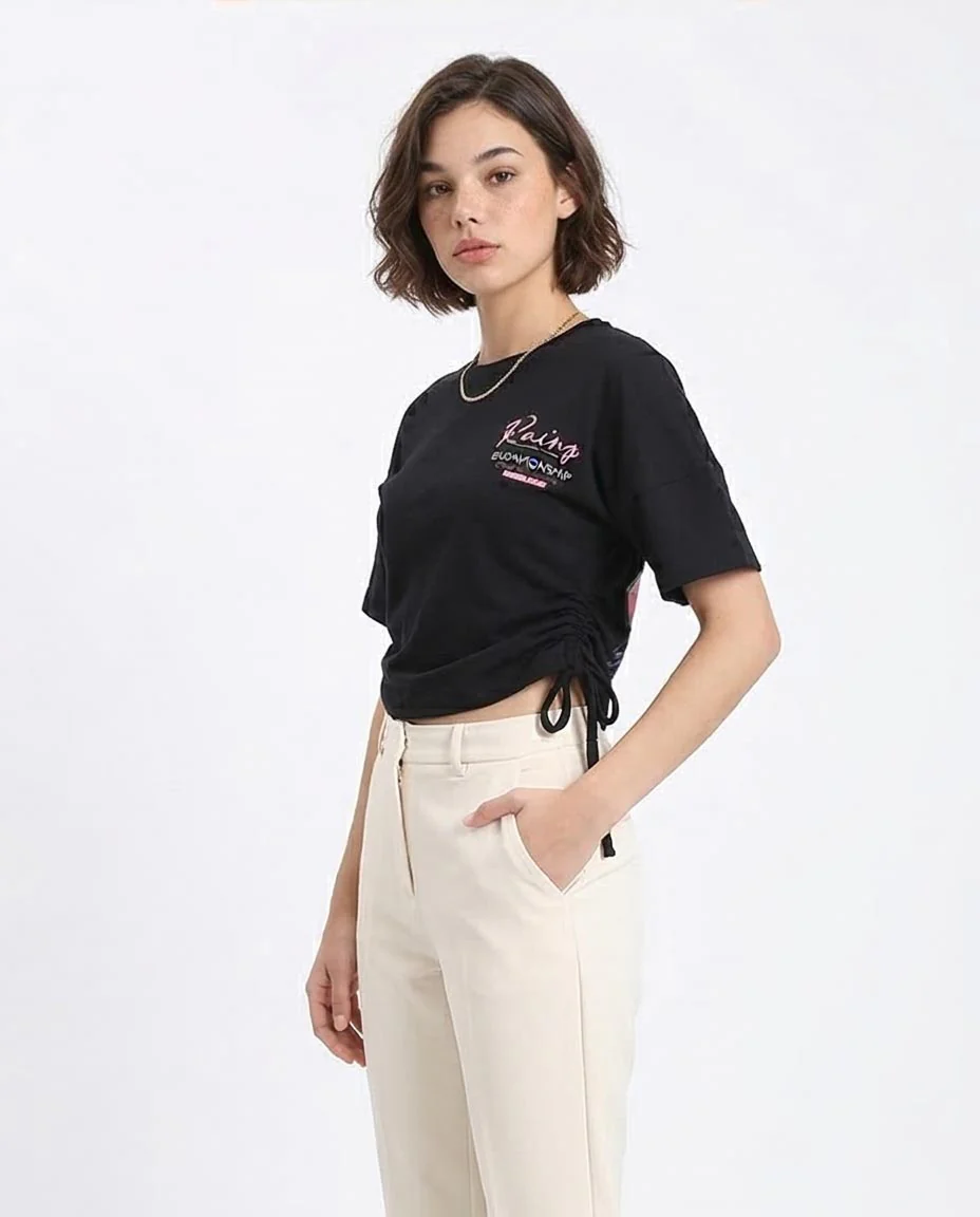 Ravin Women’s Racing Graphic Side-Tie Cropped T-Shirt - Black - R209237 - Image 5