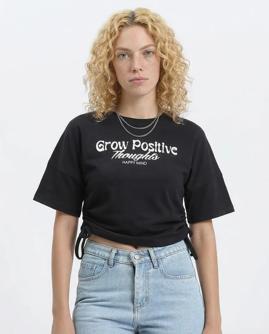 Ravin Women's "Grow Positive" Graphic T-Shirt with Cinched Side Ties - Black - R209238