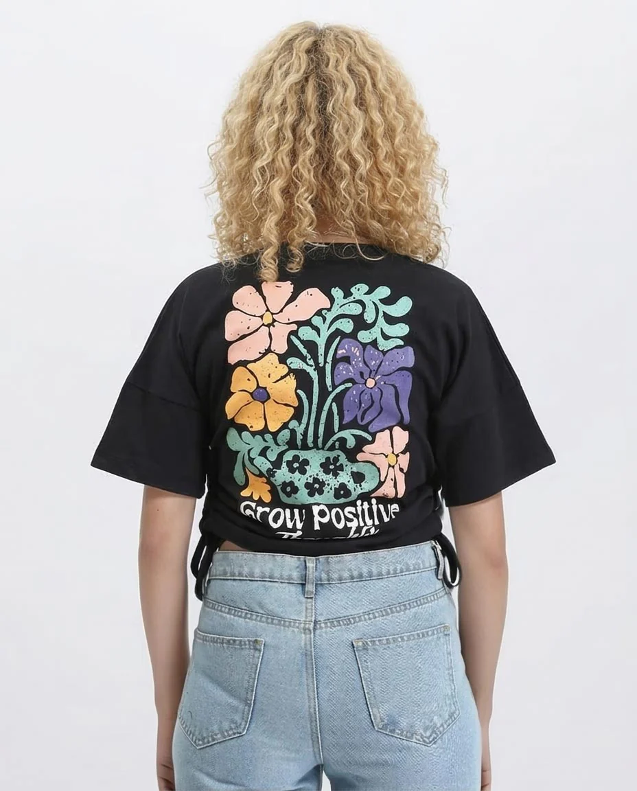 Ravin Women's "Grow Positive" Graphic T-Shirt with Cinched Side Ties - Black - R209238 - Image 2