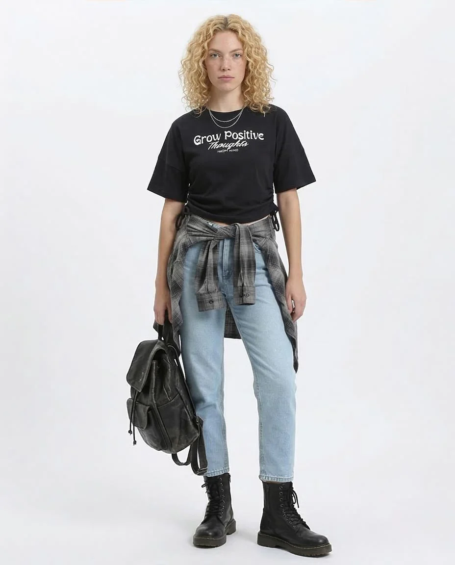 Ravin Women's "Grow Positive" Graphic T-Shirt with Cinched Side Ties - Black - R209238 - Image 3
