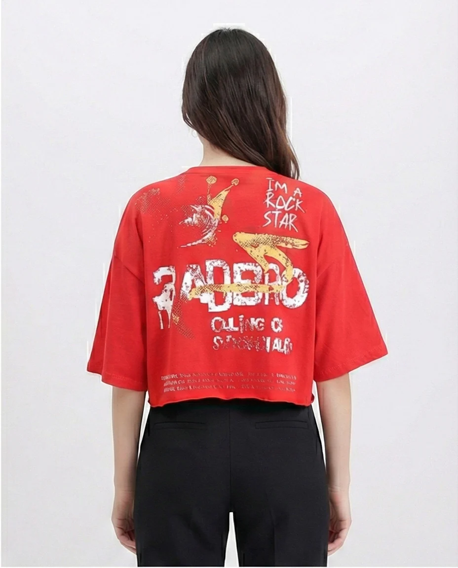 R209239 - Printed Relaxed Fit Cotton Tee - Red - Image 2