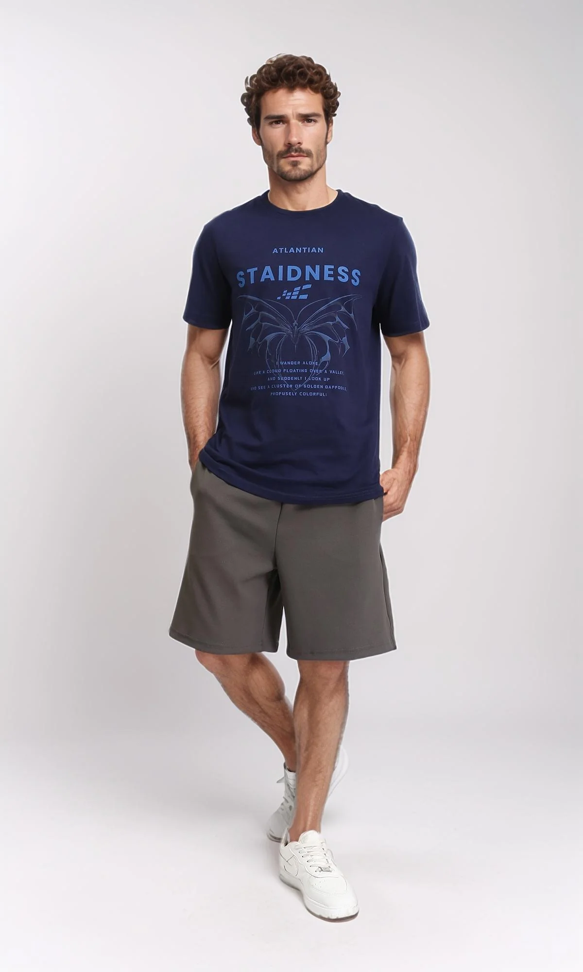R209386 - Printed "Staidness" Slip On Tee - Navy Blue - Image 4