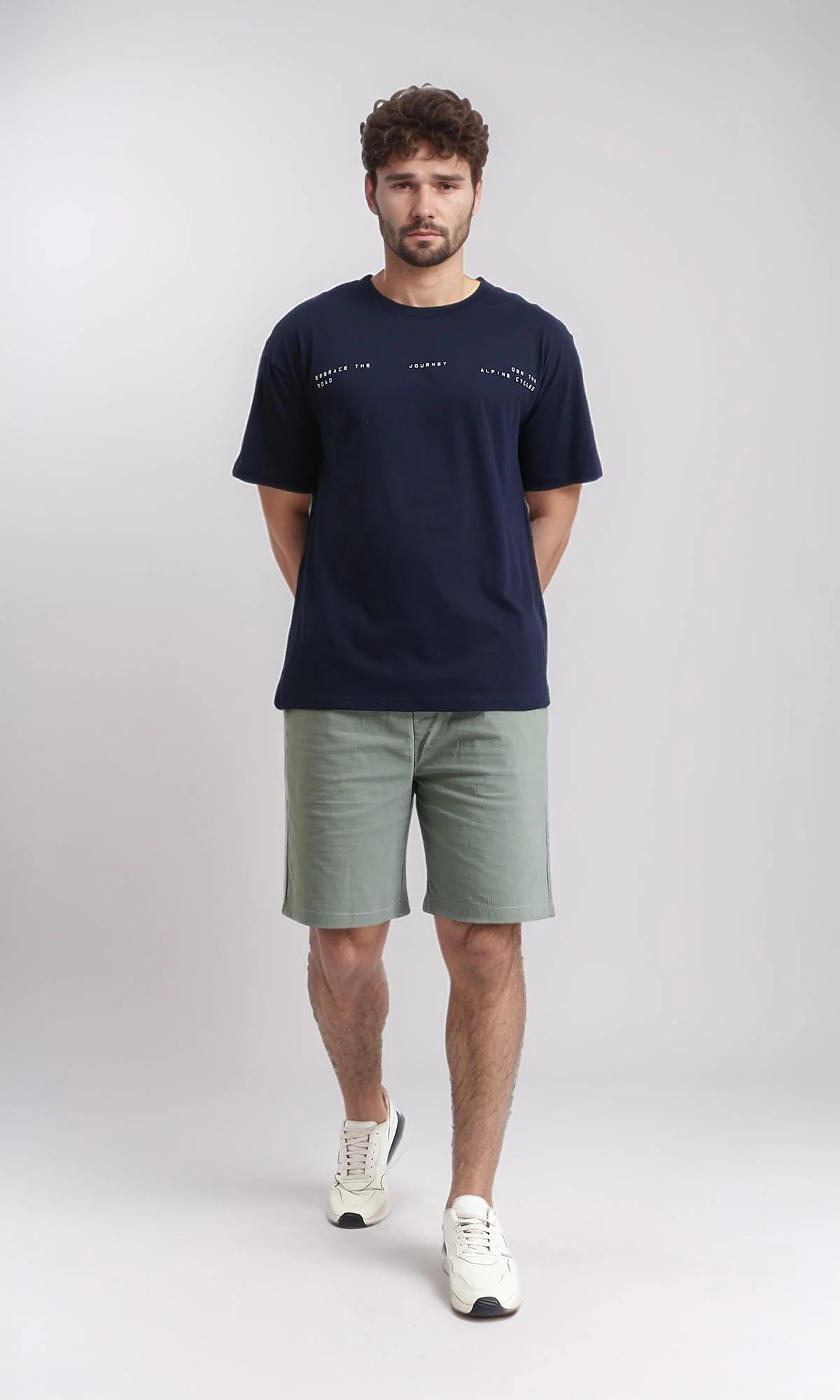 R209388 - Relaxed Fit Elbow Sleeves Printed Tee - Navy Blue - Image 4