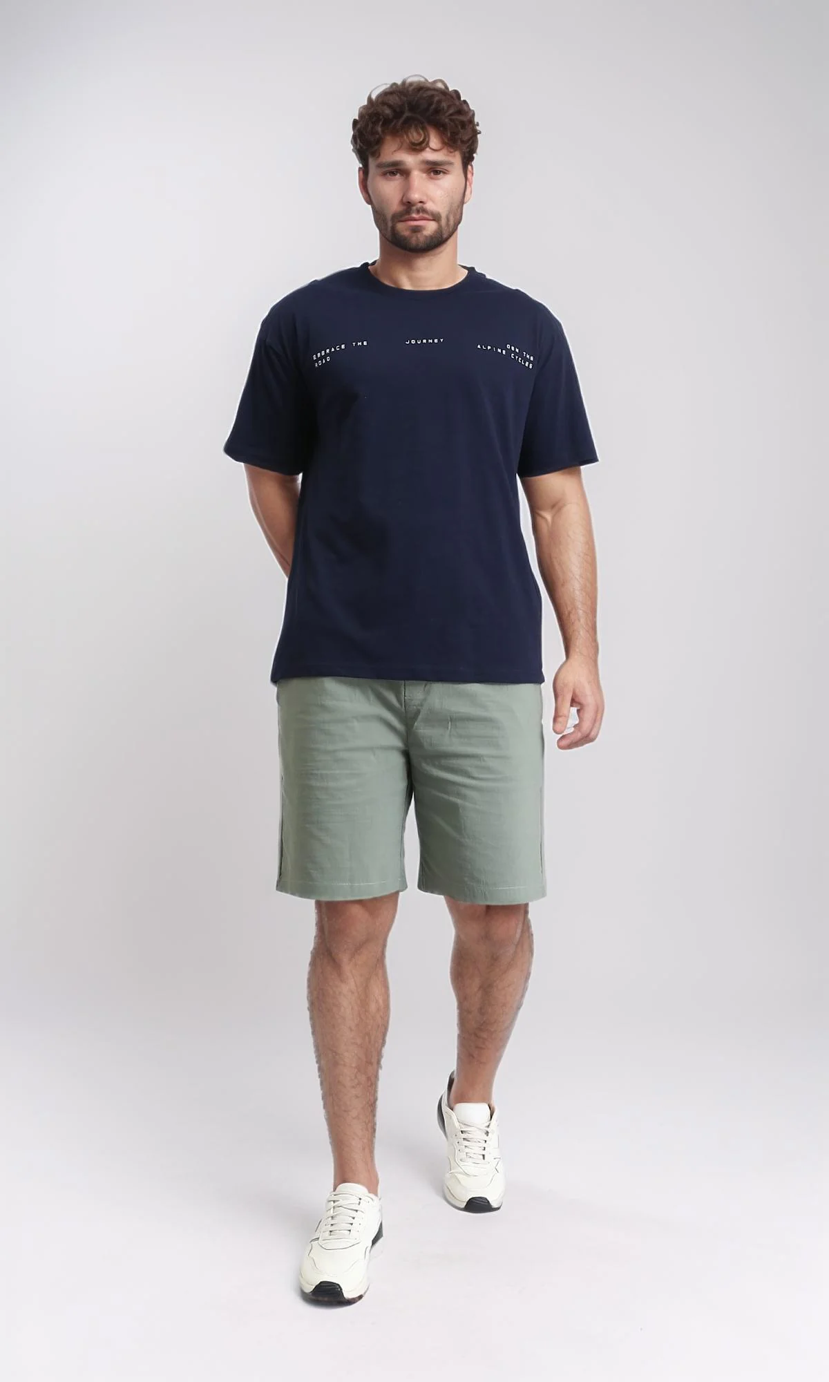 R209388 - Relaxed Fit Elbow Sleeves Printed Tee - Navy Blue - Image 5