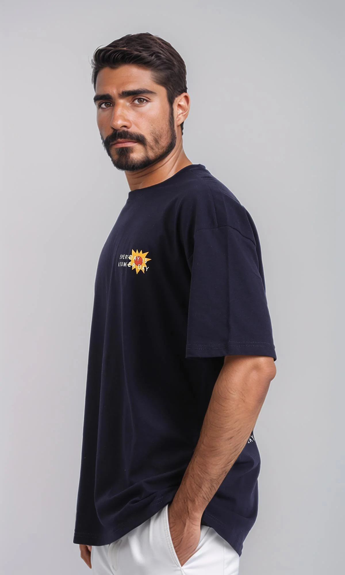 R209390-Round Neck Loose Slip On Tee - Navy Blue - Image 2
