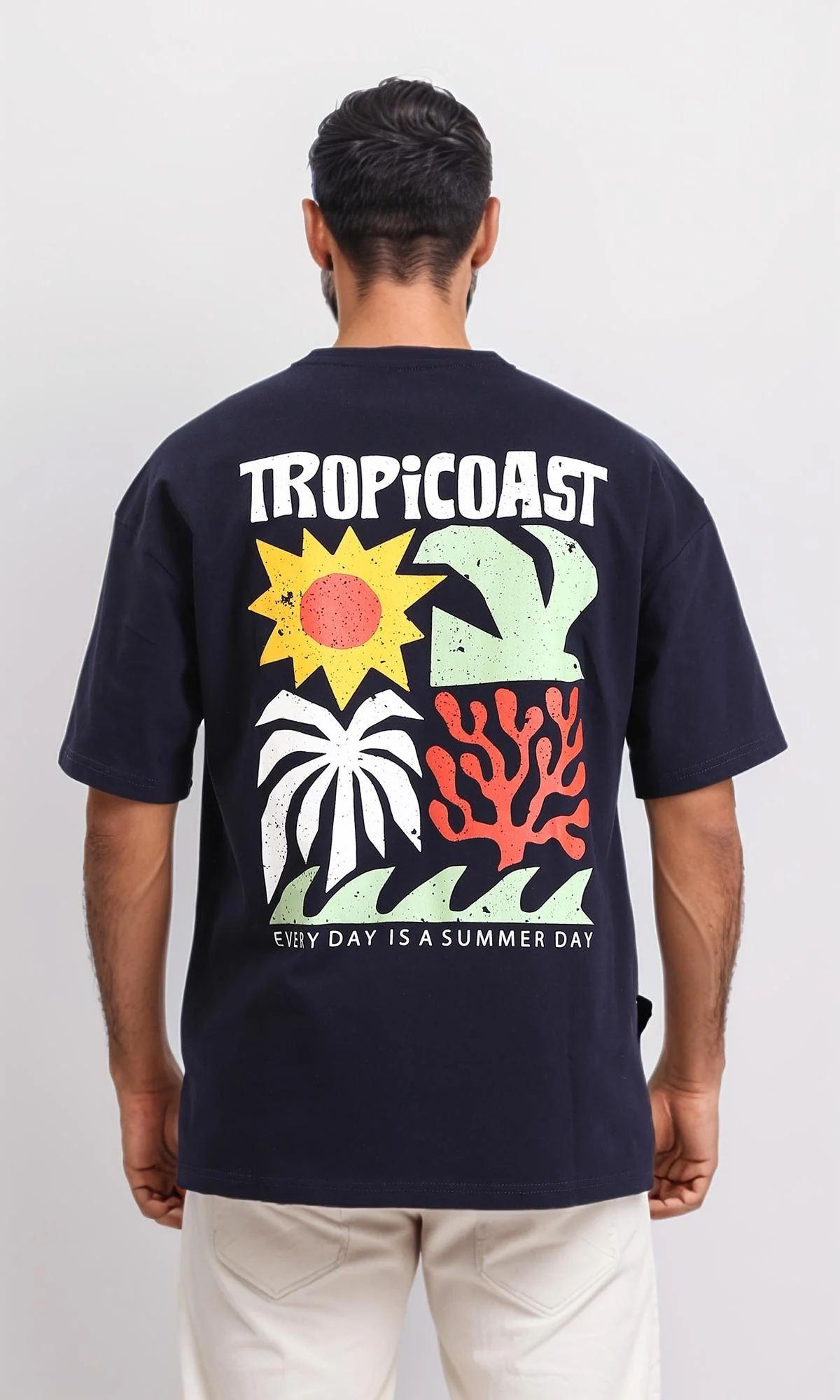 R209390-Round Neck Loose Slip On Tee - Navy Blue - Image 3