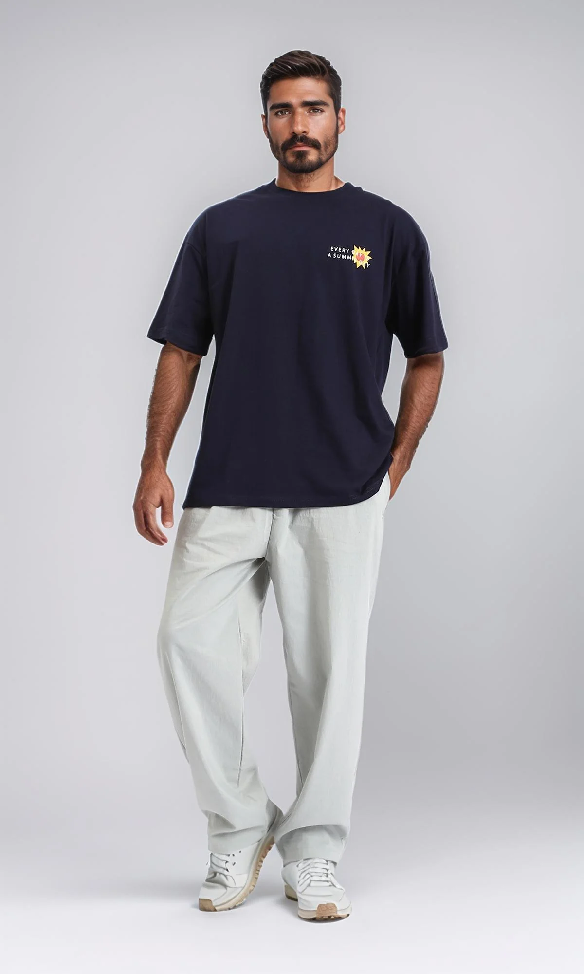 R209390-Round Neck Loose Slip On Tee - Navy Blue - Image 5