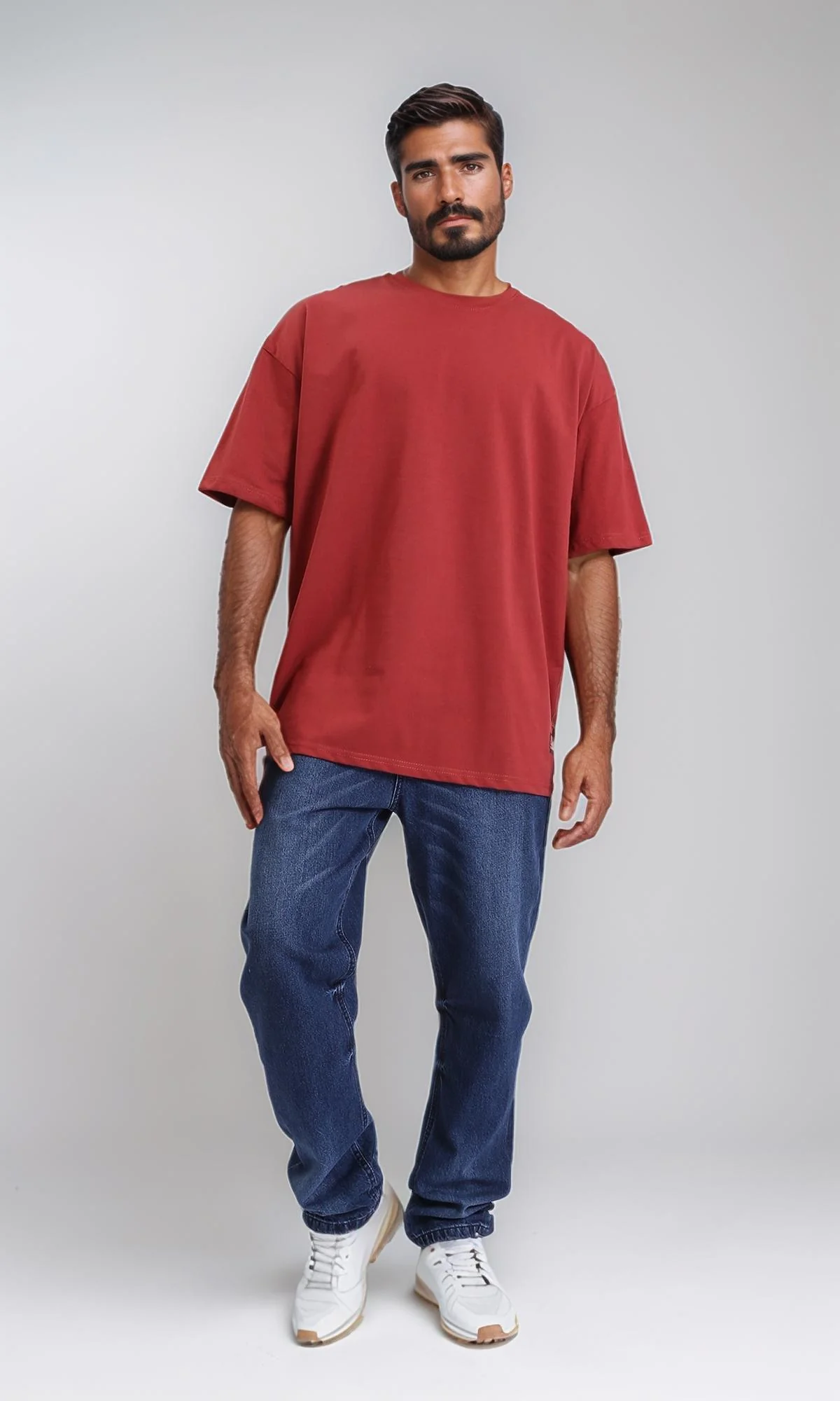 R209406-Round Neck Loose Slip On Tee - Dark Red - Image 4