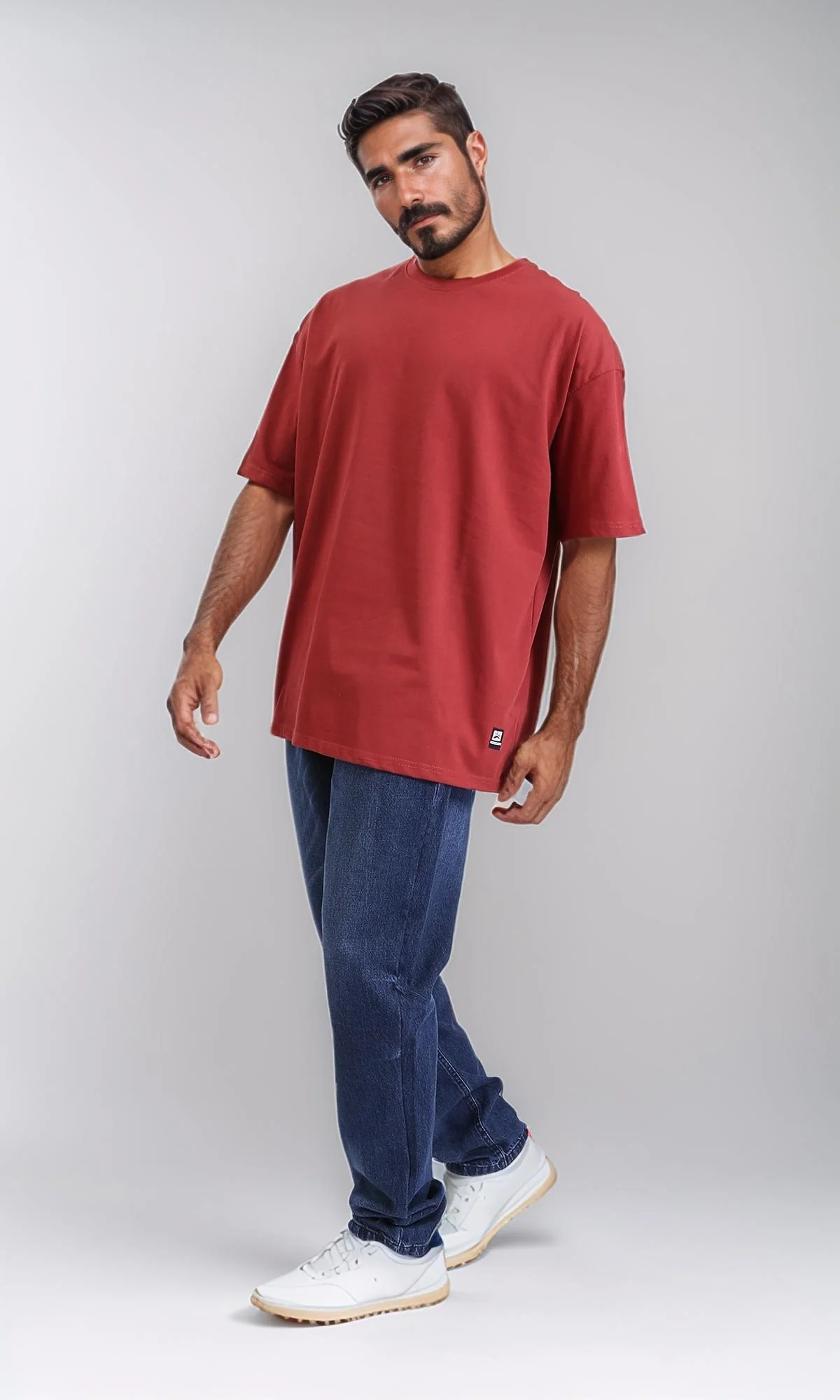 R209406-Round Neck Loose Slip On Tee - Dark Red - Image 5