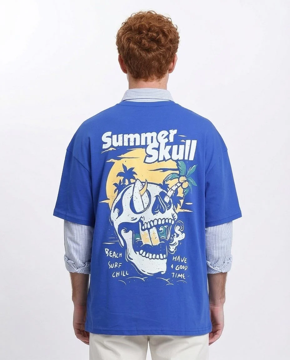 Ravin | Men’s "Summer Skull" Oversized Graphic T-Shirt – Royal Blue - R209411 - Image 2