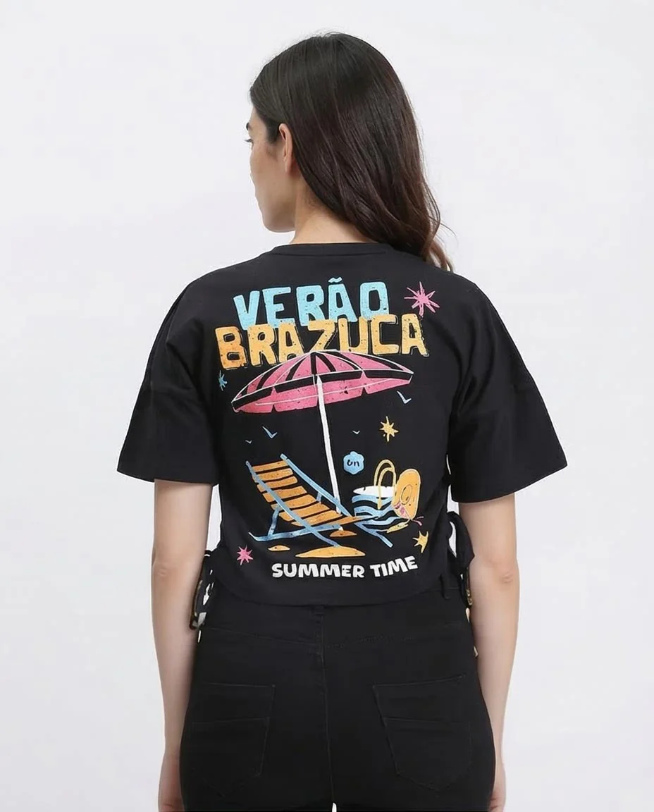 Ravin Women’s Side-Tie Cropped T-Shirt – Summer Time Graphic Print - Black - R209435 - Image 2