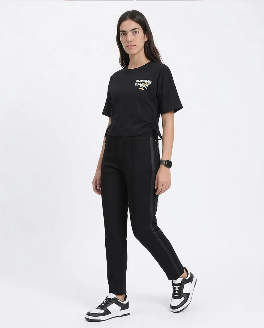 Ravin Women’s Side-Tie Cropped T-Shirt – Summer Time Graphic Print - Black - R209435 - Image 5