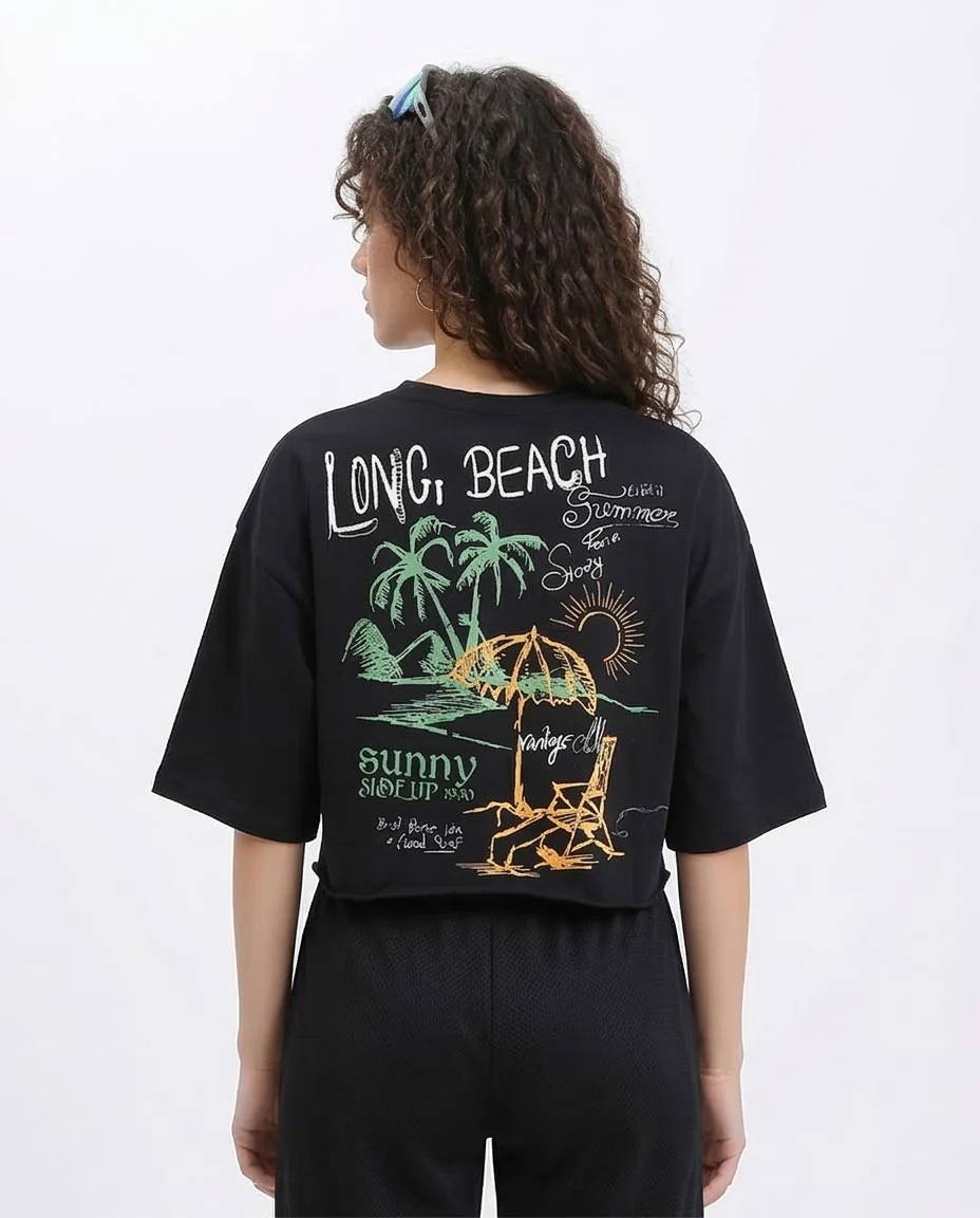 Ravin Women's Oversized Boxy Crop T-Shirt with Back Beach Graphic – Black - R209436 - Image 2