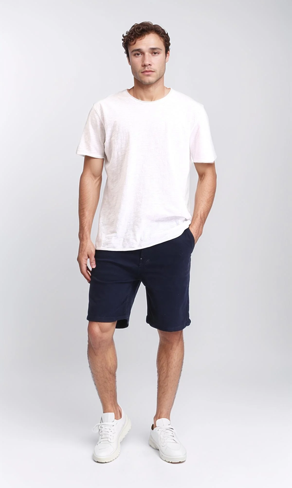 R209460 - Casual Solid Cotton Shorts - Navy Blue - Image 4