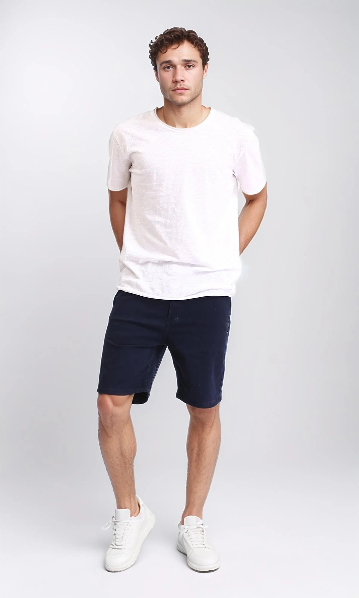 R209460 - Casual Solid Cotton Shorts - Navy Blue - Image 5