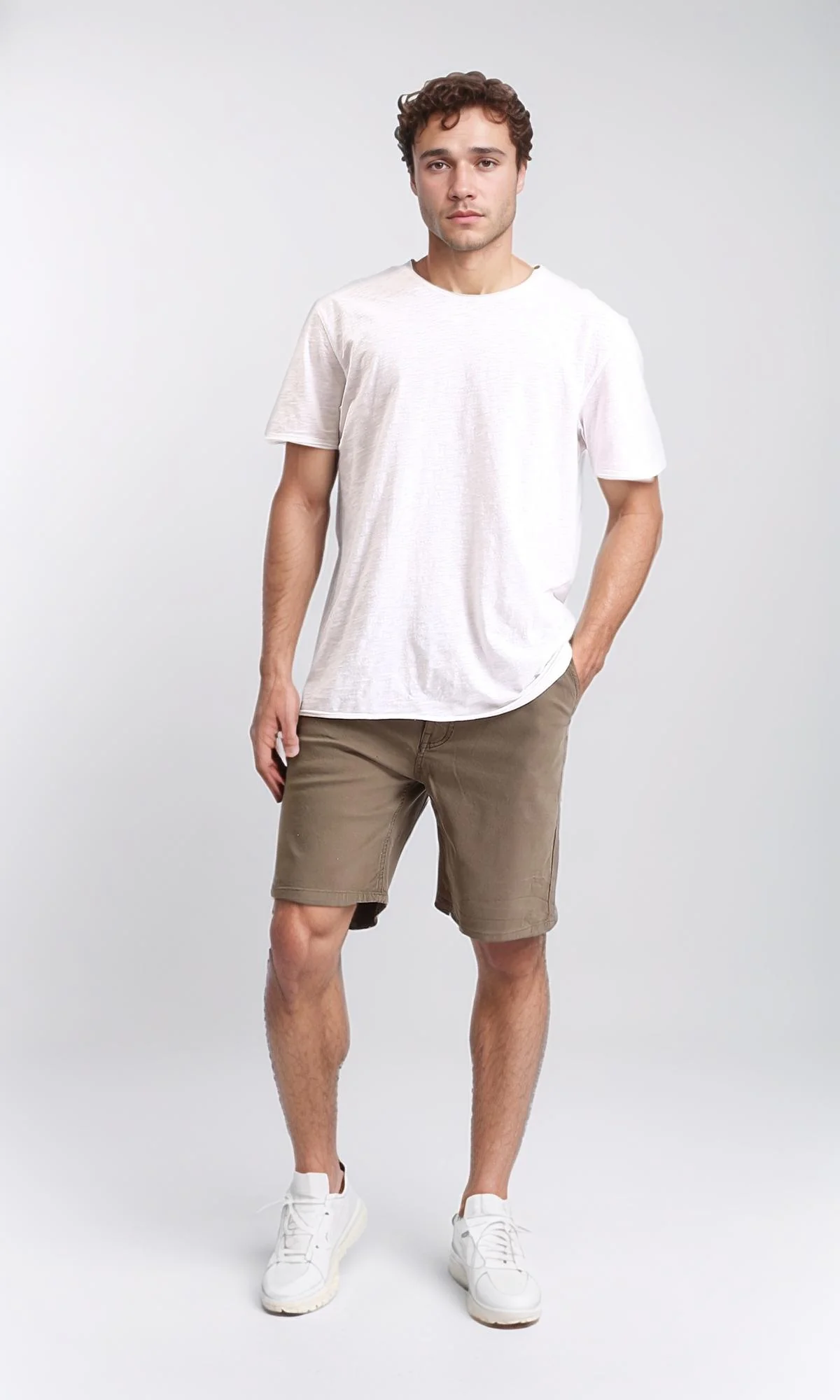 R209461 - Casual Solid Cotton Shorts - Dark khaki - Image 4