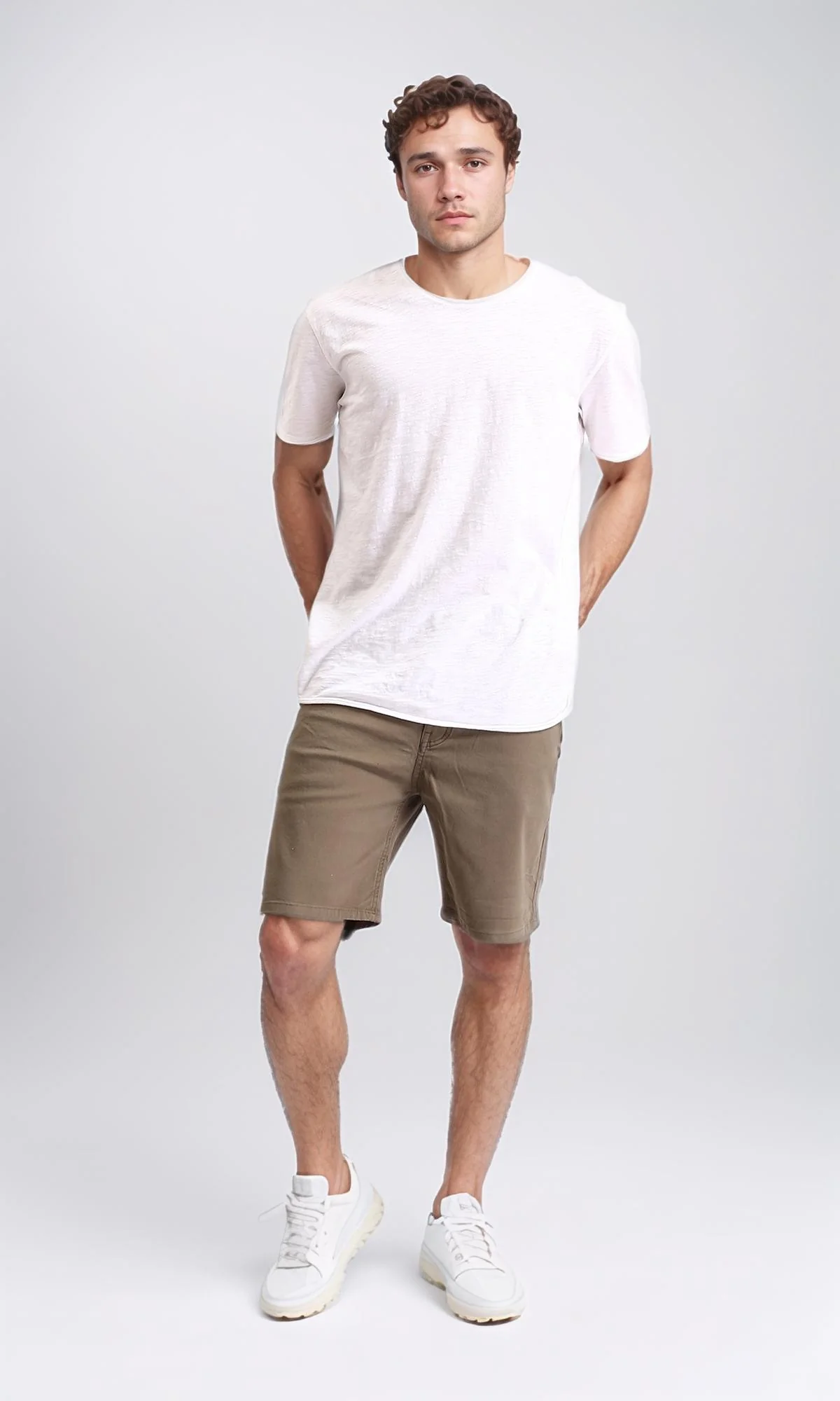 R209461 - Casual Solid Cotton Shorts - Dark khaki - Image 5
