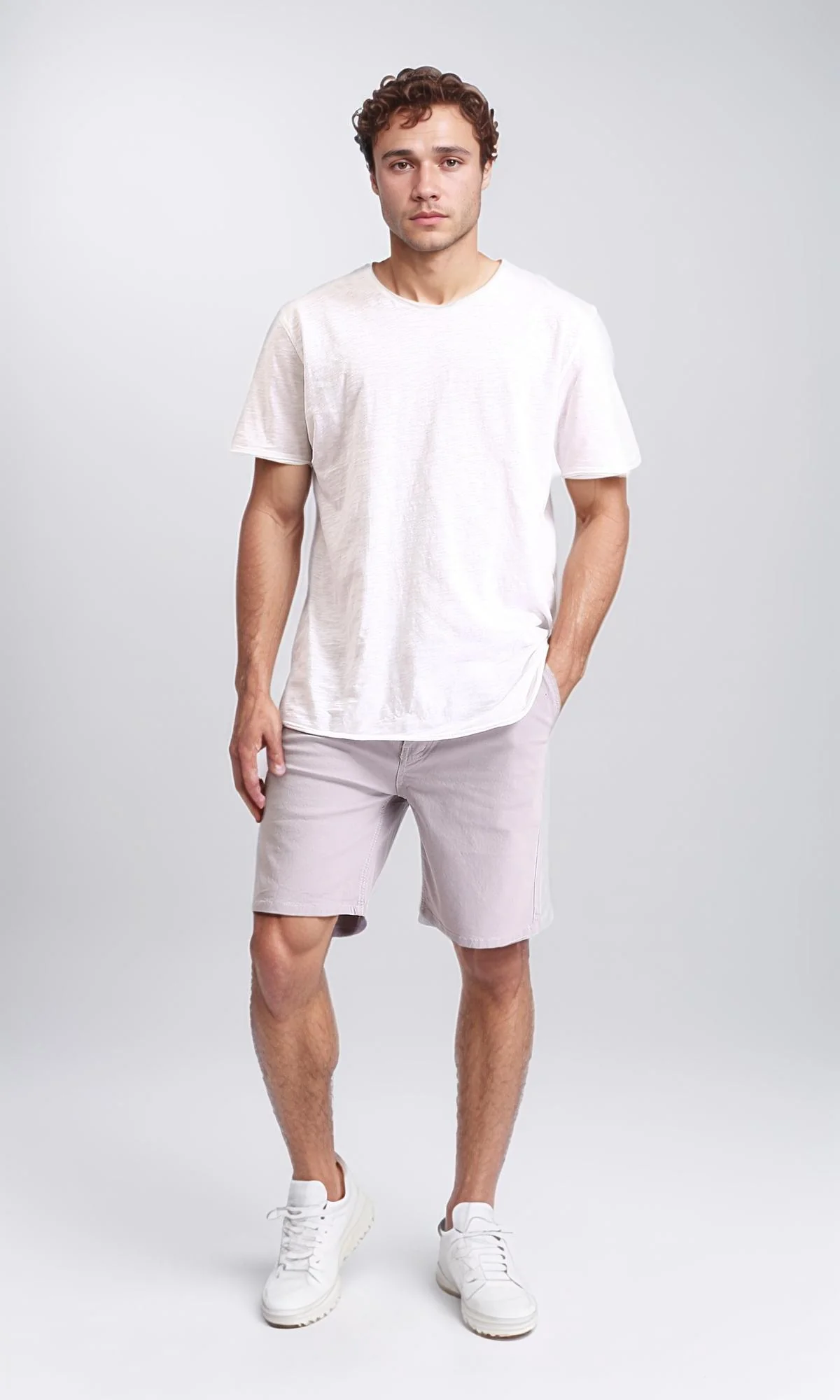 R209462 - Casual Solid Cotton Shorts - Light Grey - Image 4