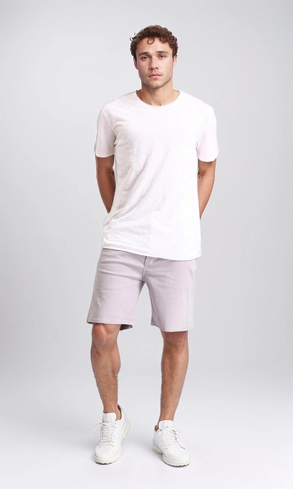 R209462 - Casual Solid Cotton Shorts - Light Grey - Image 5
