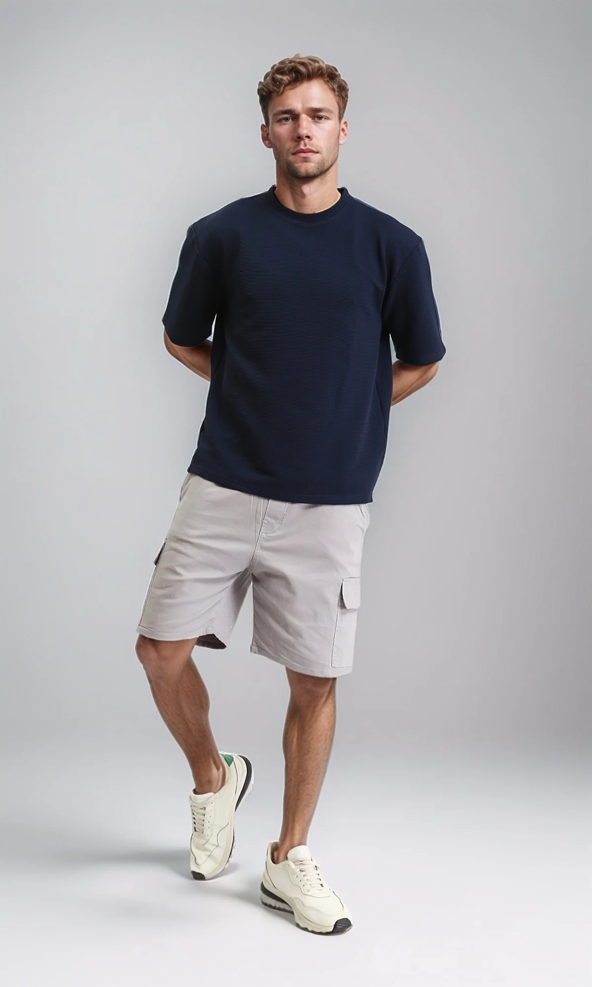 R209463 - Solid Slip On Casual Shorts - Light Grey - Image 4