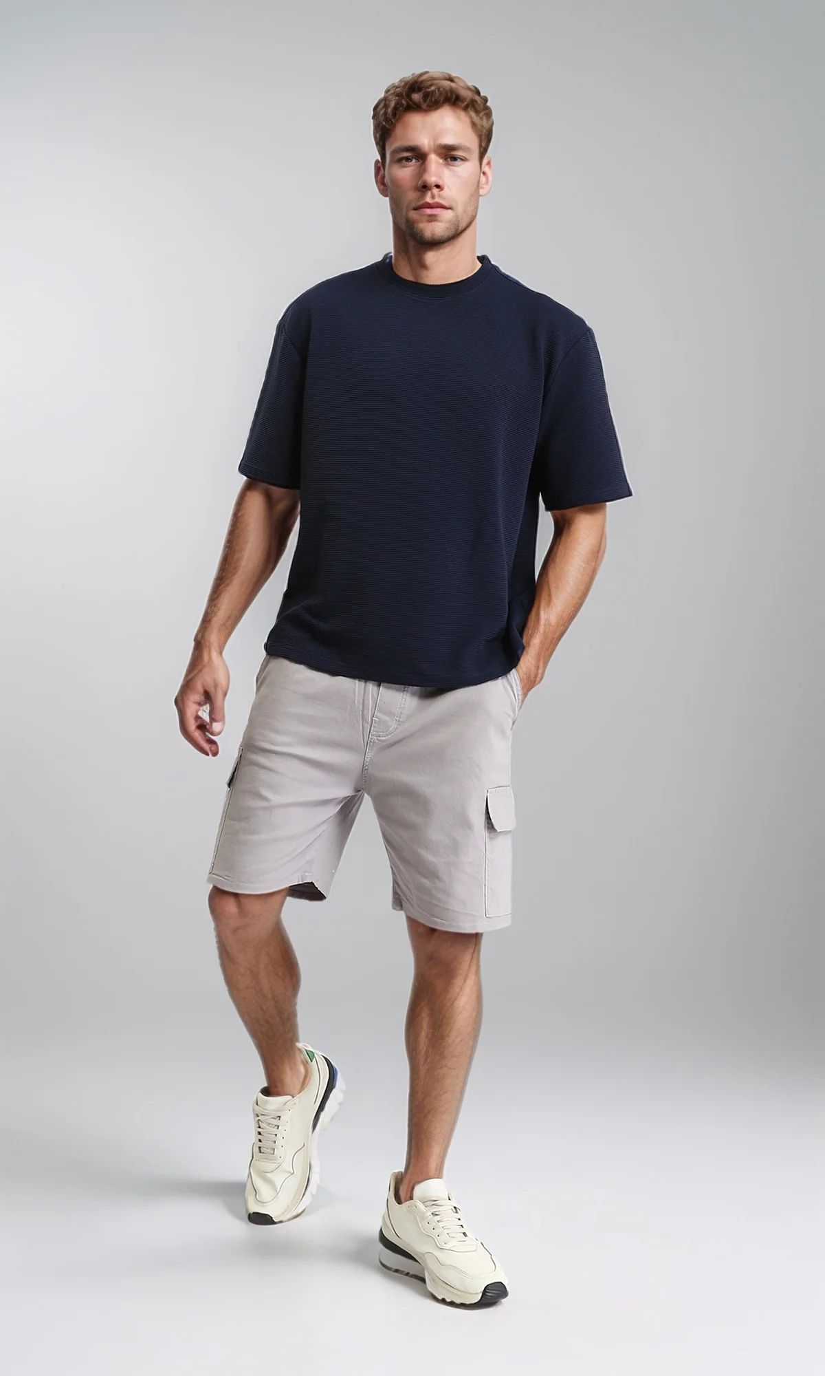 R209463 - Solid Slip On Casual Shorts - Light Grey - Image 5