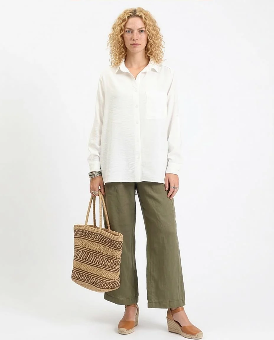 Ravin Women’s Relaxed Crinkle-Texture Button-Down Shirt – Oversized Long Sleeve with Roll-Tabs - Off-White - R209485 - Image 3