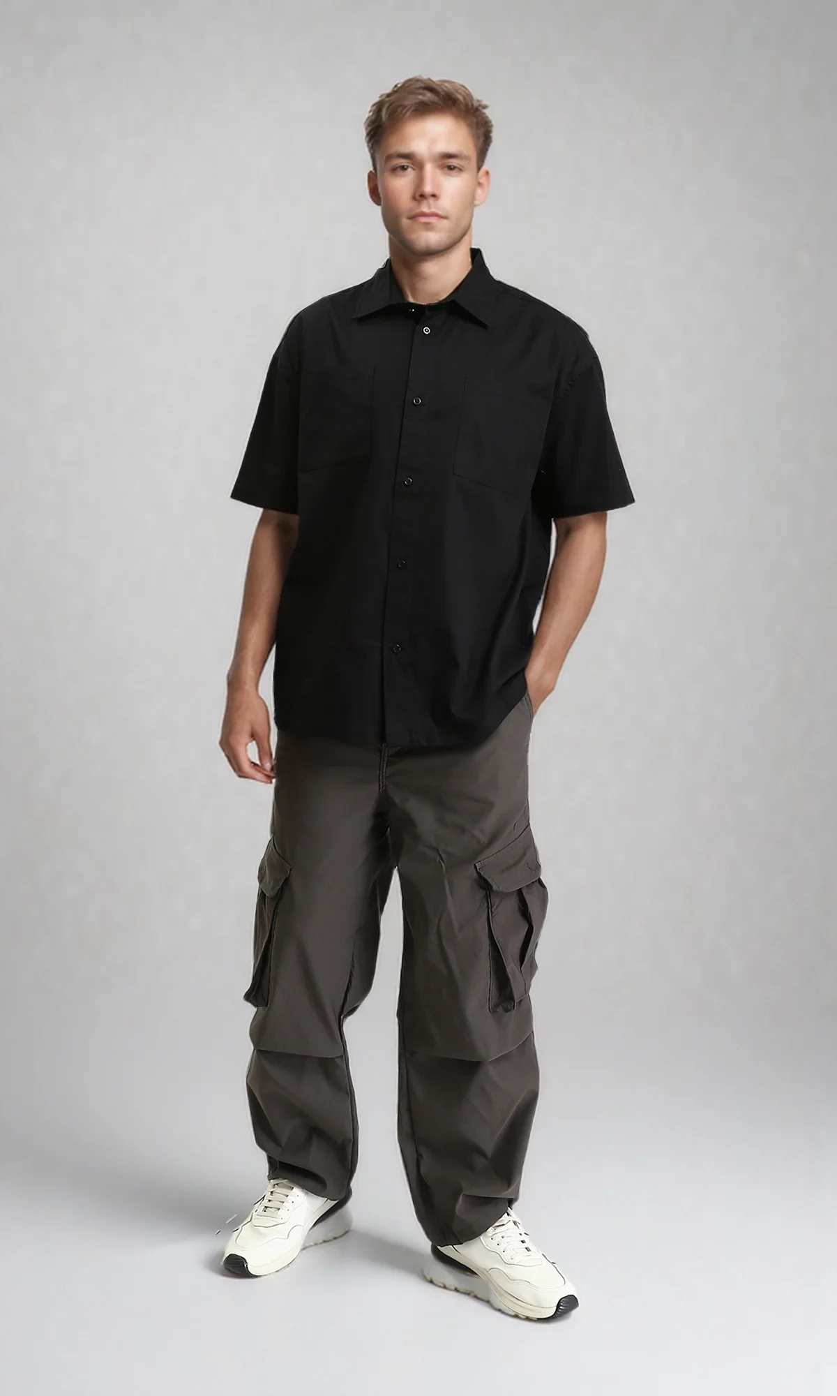 R209809 - Solid Elbow Sleeves Shirt with Pocket - Black - Image 4