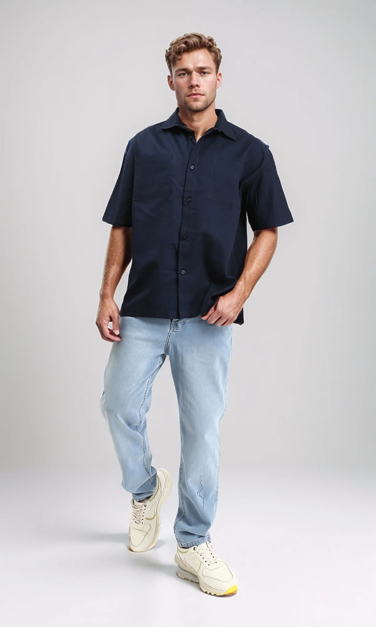 R209810 - Solid Shirt with Front Patched Pockets - Navy Blue - Image 4