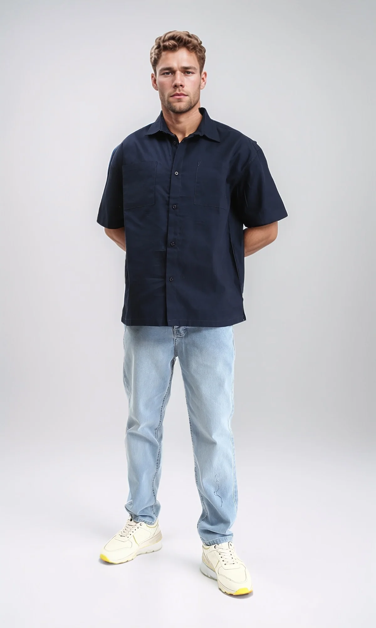 R209810 - Solid Shirt with Front Patched Pockets - Navy Blue - Image 5