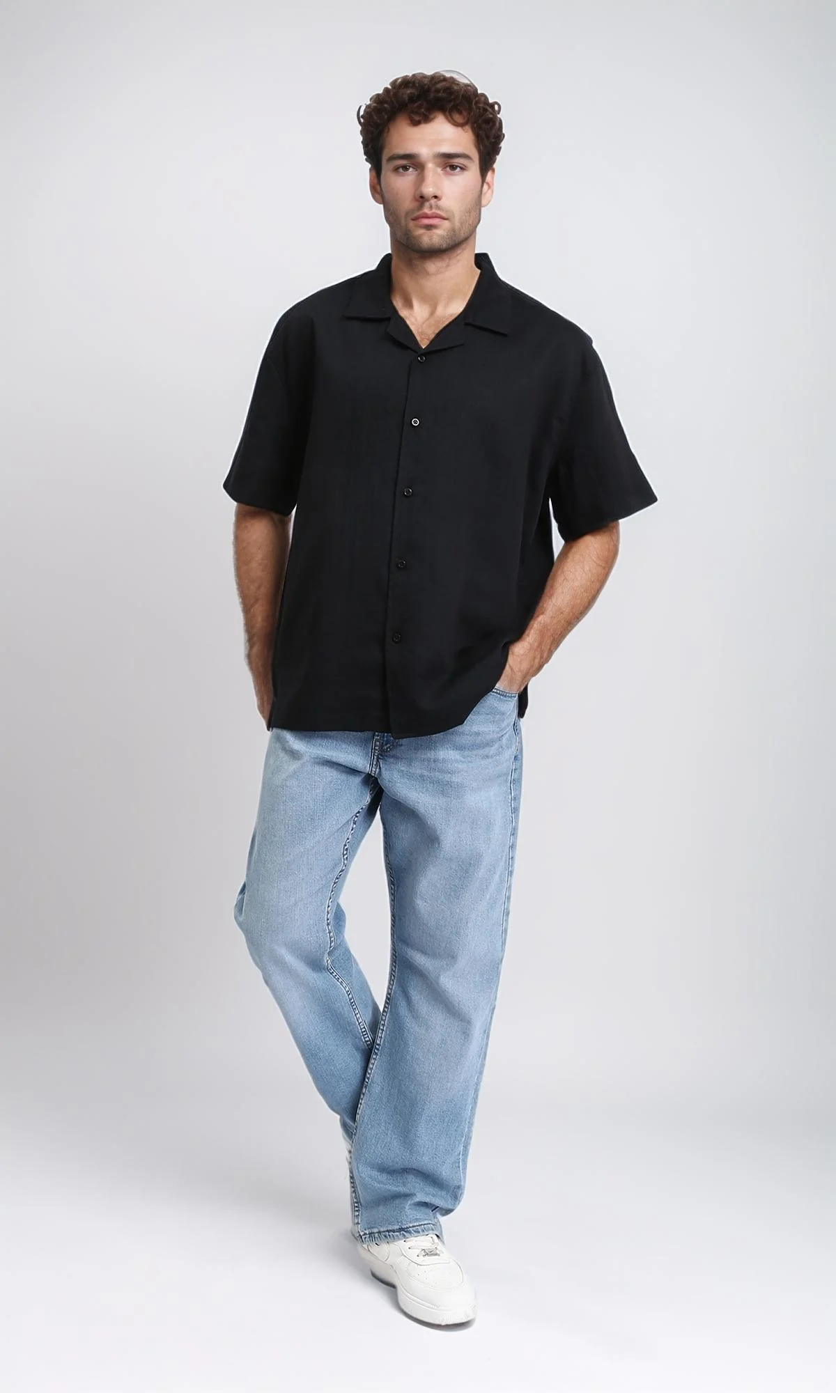 R209812 - Turn Down Collar Short Sleeves Shirt - Black - Image 5