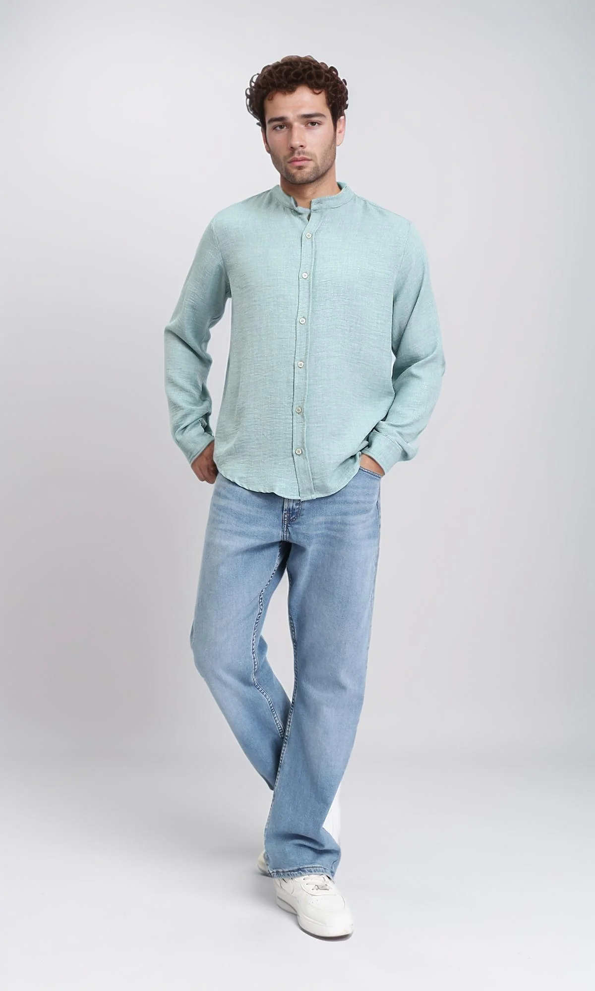 R209919 - Band Collar Textured Shirt - Mint Green - Image 5