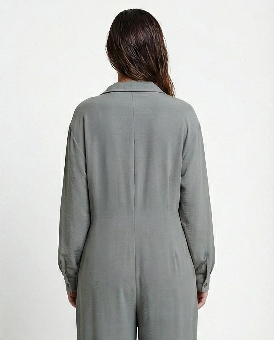 R209920 - Loose Fit Long Sleeves Buttoned Jumpsuit - Dark Grey - Image 2