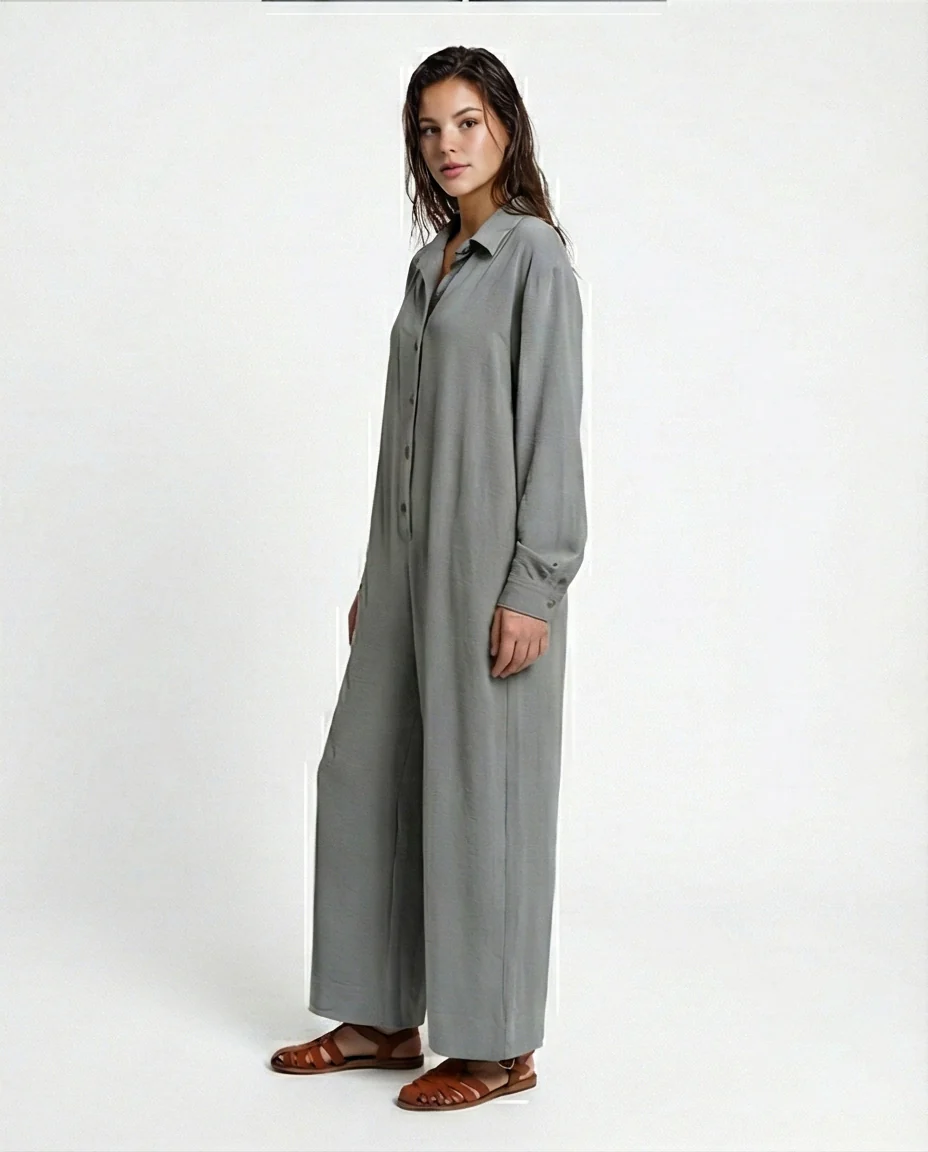 R209920 - Loose Fit Long Sleeves Buttoned Jumpsuit - Dark Grey - Image 3